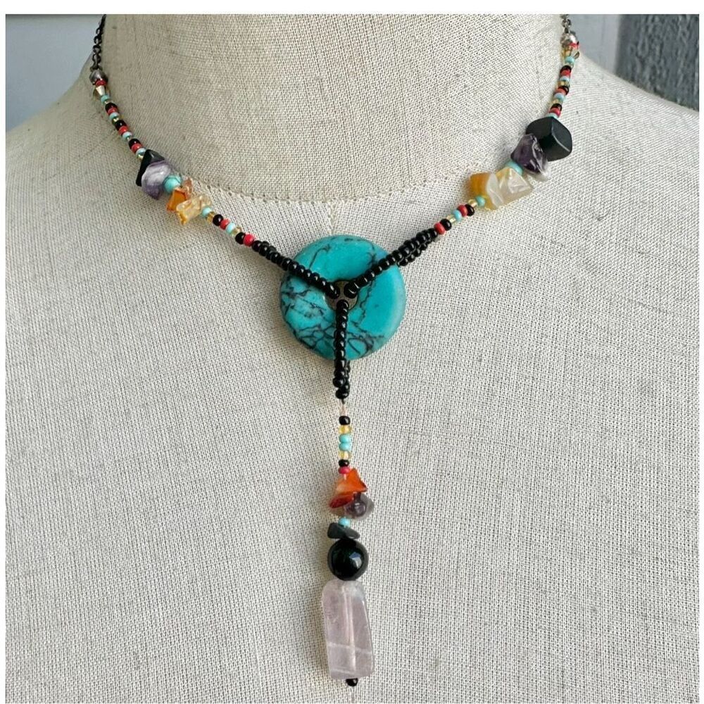 Turquoise Stone & Multicolor Bead Pendant Necklace